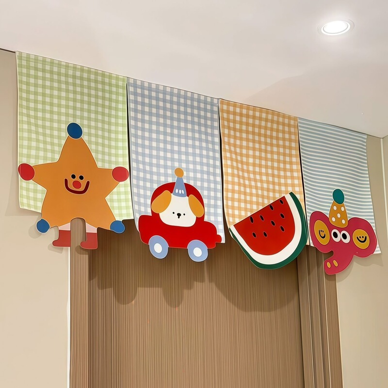 Cartoon animal triangular adhesive decorative half curtain, fabric curtain with magic tape, entrance door partition curtain, privacy curtain Cartoon animal triangular adhesive decorative half curtain, fabric curtain with magic tape, entrance door partition curtain, privacy curtain