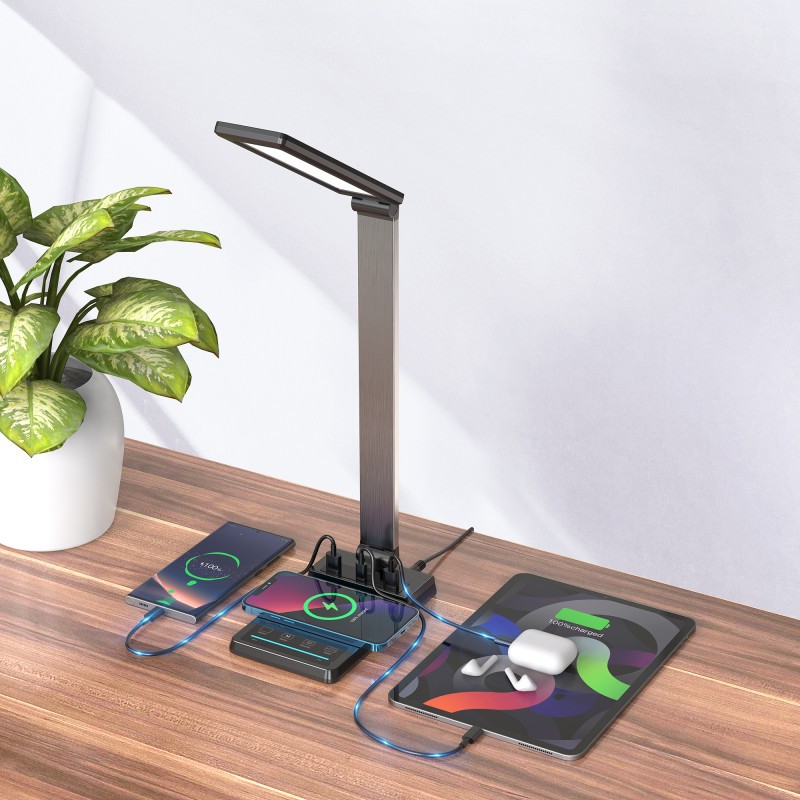 3 USBPort Wireless Fast Charging Nine Levels Of Brightness And Five Levels Of Color Temperature Folding Bedside Lamp Student Study Office Eye Protection Desk Lamp