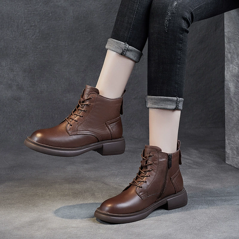 Весенние короткие сапоги в британском стиле с круглым носком, новые ботинки martin на мягкой подошве, повседневные женские полусапоги, одинарные сапоги из воловьей кожи первого слоя