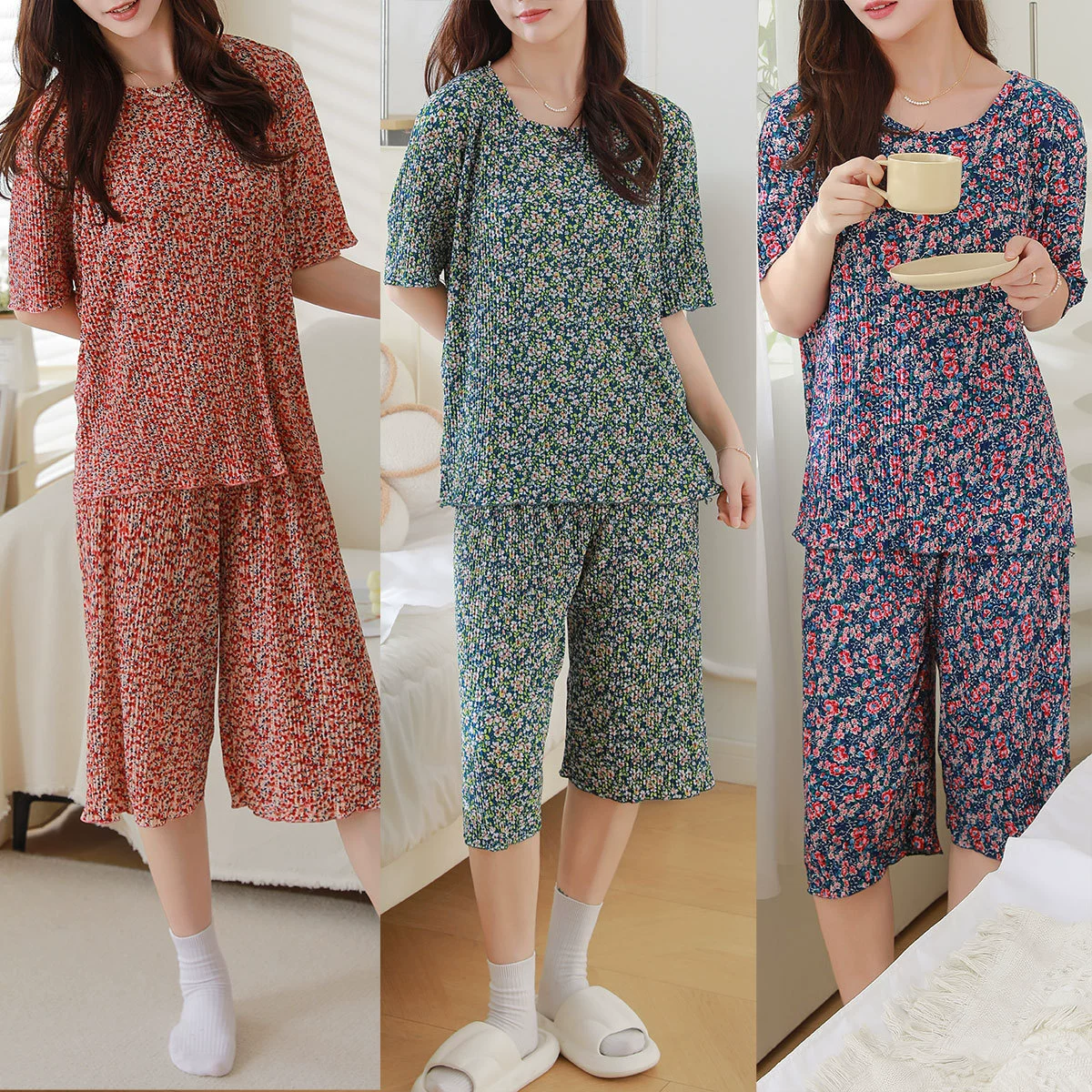 Летний новый топ с коротким рукавом с круглым вырезом, укороченные брюки, свободные и удобные, сморщенные цветы