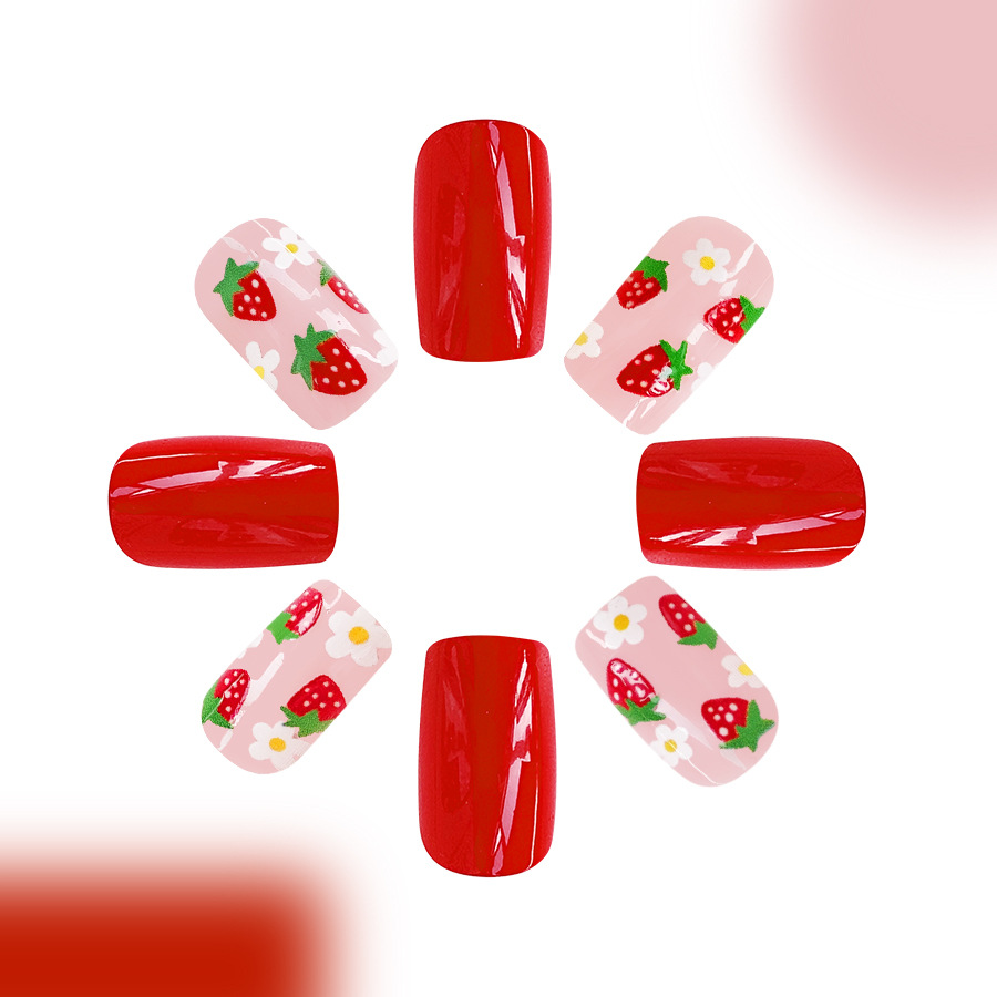 False Nails Strawberry White Flower Design Detachable Manicure_voghion.com