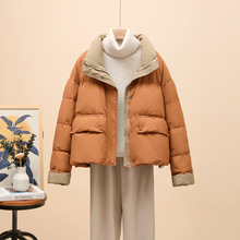 2023冬季新款时尚韩版羽绒服女短款拼色厚款面包服小个子外套