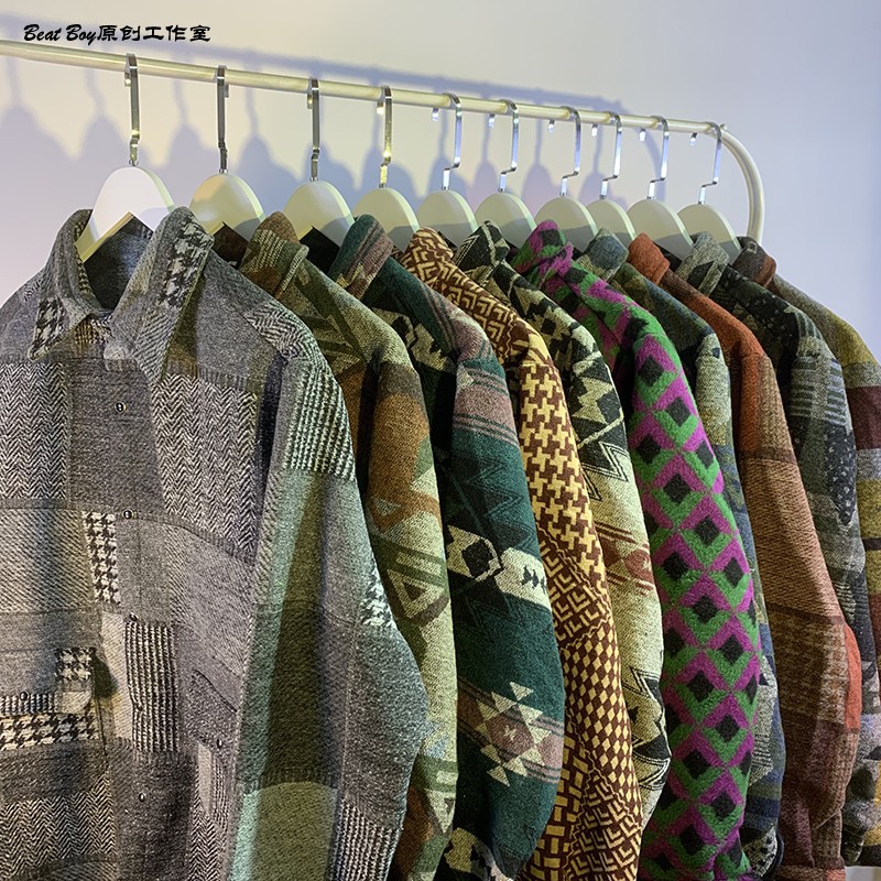 复古着工装衬衫男秋冬长袖情侣宽松港风潮流百搭加厚毛呢衬衣外套