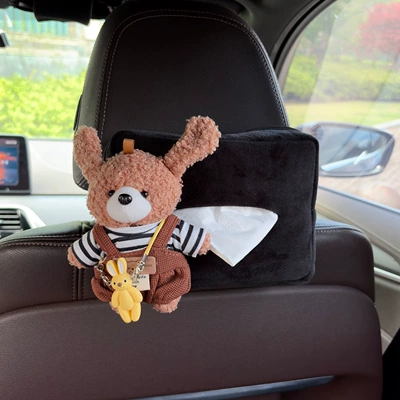 tissue bag, Car tissue box/set - black-plush-tissue-box-light-brown-bear-black-striped-top-brown-overalls-yellow-rabbit-pendant