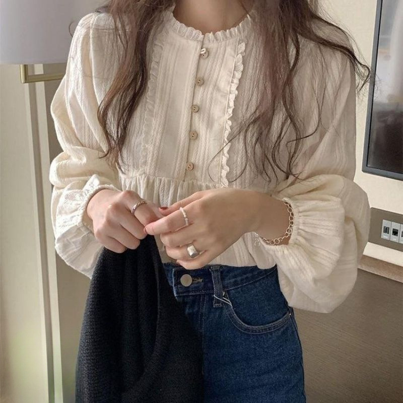 Design Sense High-grade White Shirt Women's Spring New Lace Round Neck Shirt Loose Long Sleeve Top for Women Design Sense High-grade White Shirt Women's Spring New Lace Round Neck Shirt Loose Long Sleeve Top for Women
