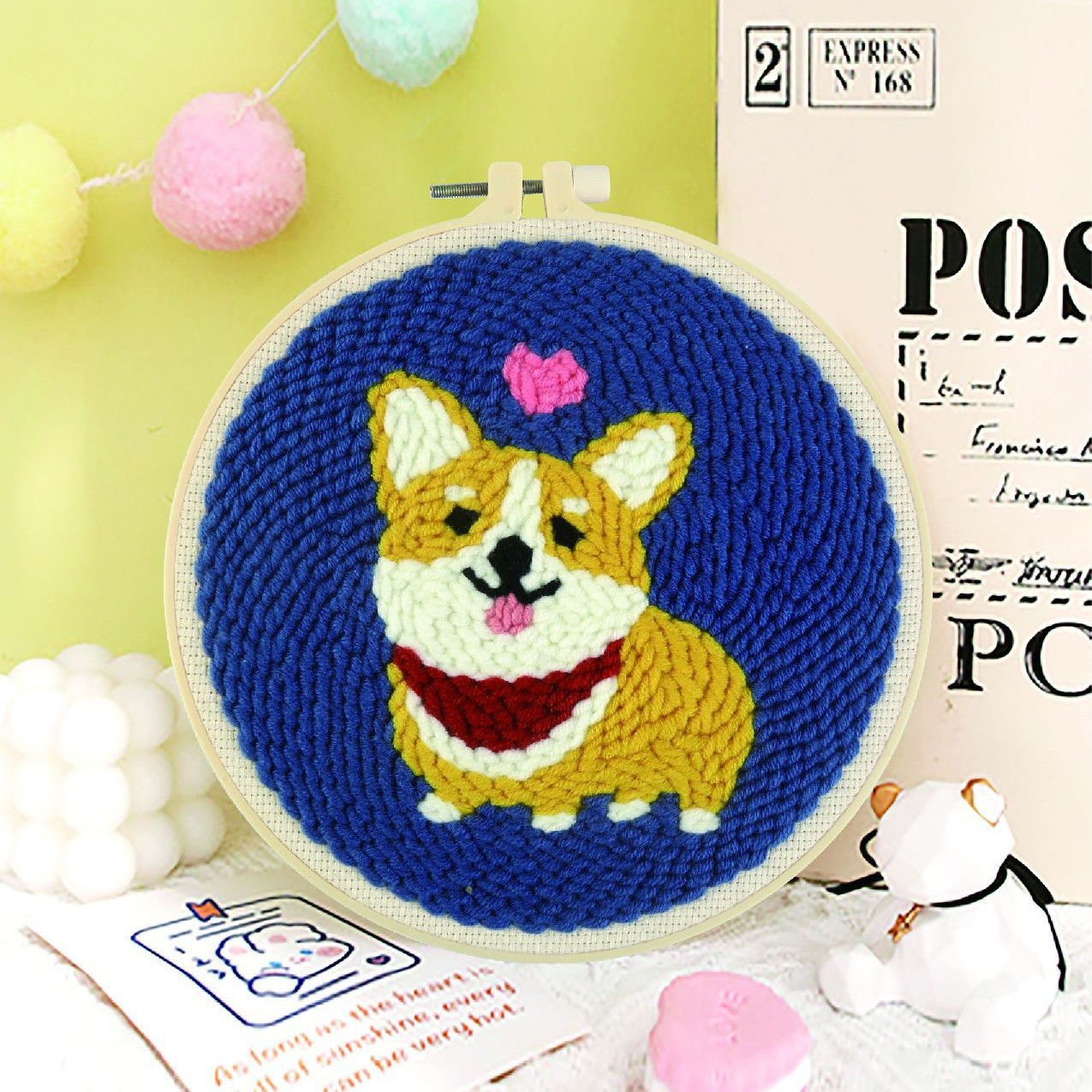 Bordado de pinchas-Corgi feliz (producto no terminado) 20cm imitación bambú estirado-lana gruesa