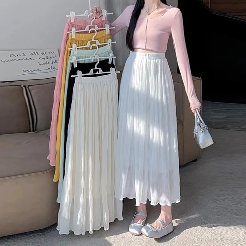 Summer Pleated Half-Body Skirt 2025 High-Waisted Pleated Skirt Large Swing Umbrella Skirt Mid-Length Fashion Sheer Dress