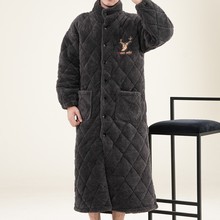 超厚棉睡衣男款冬季加绒加厚珊瑚绒中年男士睡袍三层夹棉长款浴袍
