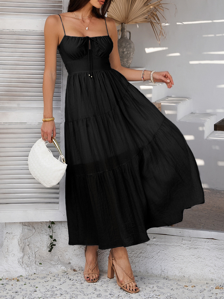 Spring Summer Vacation Solid Color High Waist Sling Dinner Dress Women Clothing