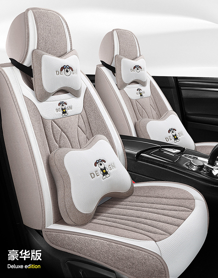 Car Seat Cushion Full Surround, Universal for All Seasons, Cartoon Linen Fabric Car Seat Cover, Special Seat Cover for Small Cars
