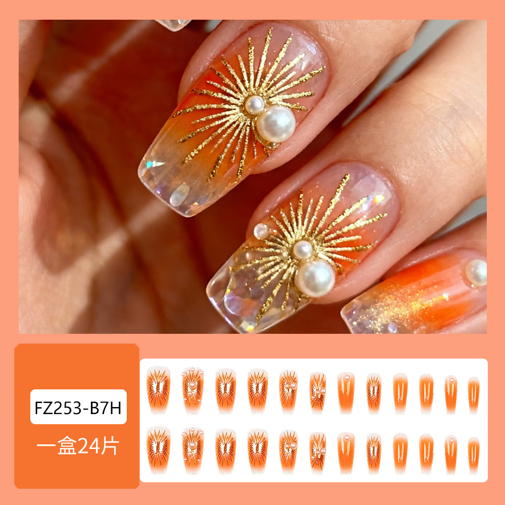 3D oro perla naranja oro fuegos artificiales manicuras comercio exterior acondicionado caliente lujo para usar manicuras de uñas 24 piezas de parche de uñas