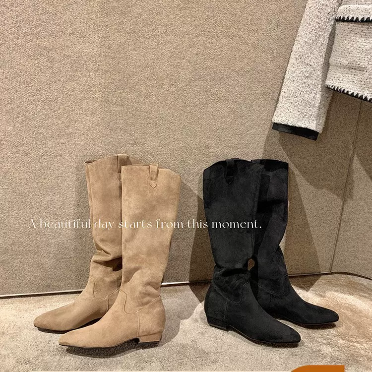 【苏家同款现货】涩谷靴~V口尖头绒面粗跟高筒骑士靴女西部堆堆靴
