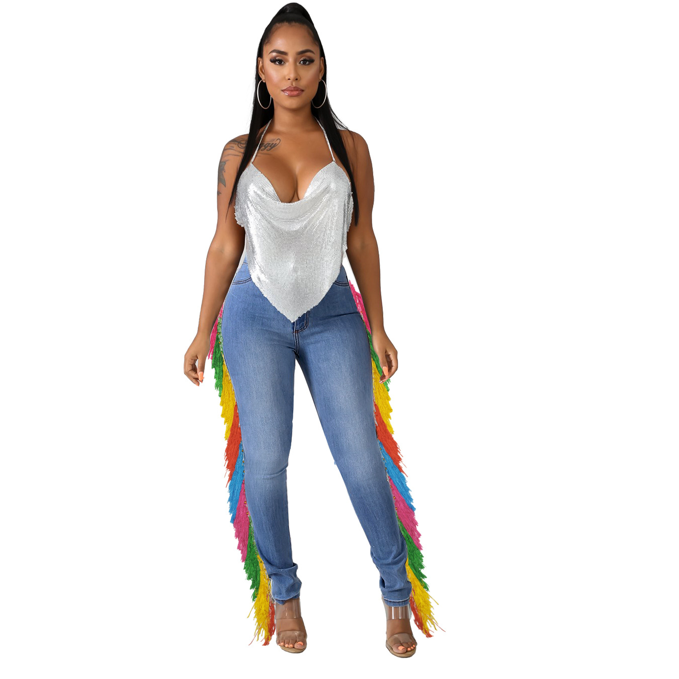 Plus Size High Waist Slim Fringed Jeans NSWL92296