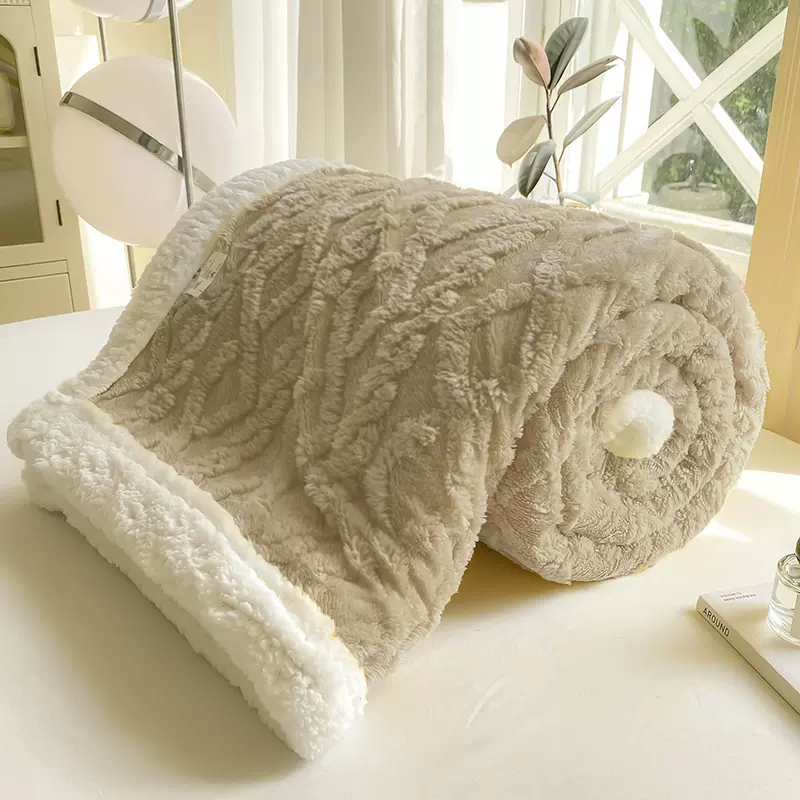塔芙绒羊毛绒毯子毛毯盖被ins奶油色纯色双面礼品家用保暖超柔软