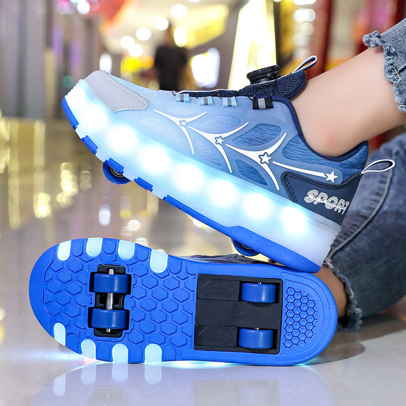 Cross-Border Heelys Shoes Manufacturer Wholesale Rechargeable Luminous Shoes Led Lights Children's Adult Roller Skates with Wheels That Can Be Retracted