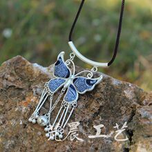 新款民族风 苗银老绣片项链长款吊坠 龙凤圆形女式项链