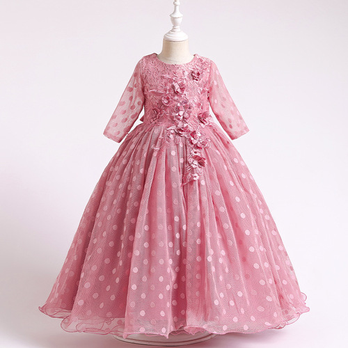 Children dress long sleeve Polka Dot girl dress flower decoration British Princess Dress