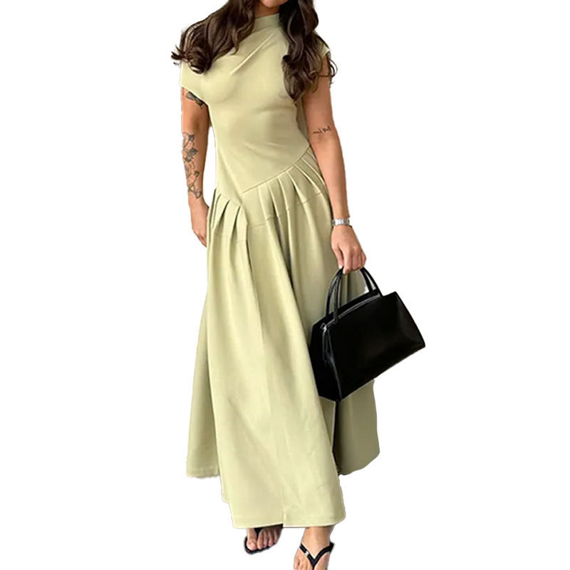 Elegant Women's Dress With Long Skirt, Fashionable High-Waisted Solid Color Spring Dress_ecoleips.com