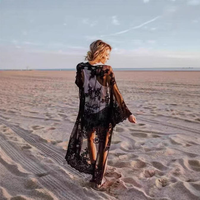 Cross-Border Amazon Popular European and American Lace Loose Sun Protection Beach Cardigan Long Skirt Blouse Bikini Cross-Border Amazon Popular European and American Lace Loose Sun Protection Beach Cardigan Long Skirt Blouse Bikini