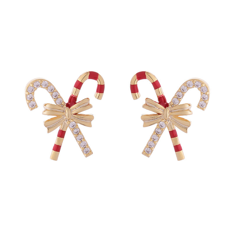Christmas earrings small cane bow exquisite cute sweet earrings silver needle earrings winter new products_voghion.com