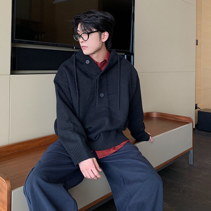 秋冬季超好看连帽毛衣男半高套头针织衫男潮牌情侣套头连帽上衣男|undefined