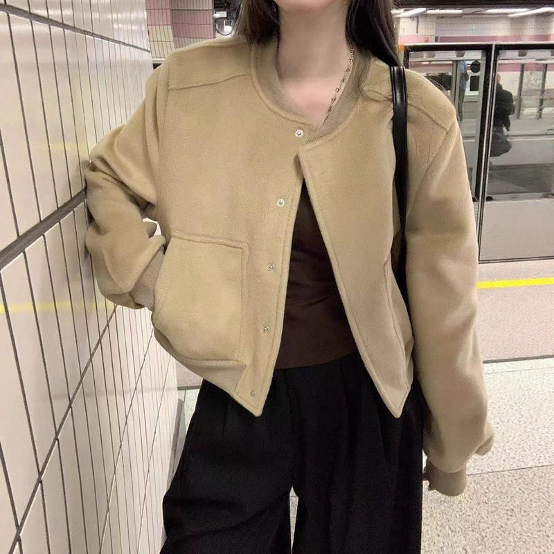 2025跨境秋冬美式棒球服外套女复古宽松短款纯色卡其夹克休闲外套|undefined