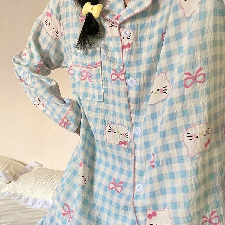 Yunduo Cotton New Sweetheart Hello Kitty Pajamas Spring and Autum Ins Style Cute Cartoon Girl Home Clothes 2-Piece Set