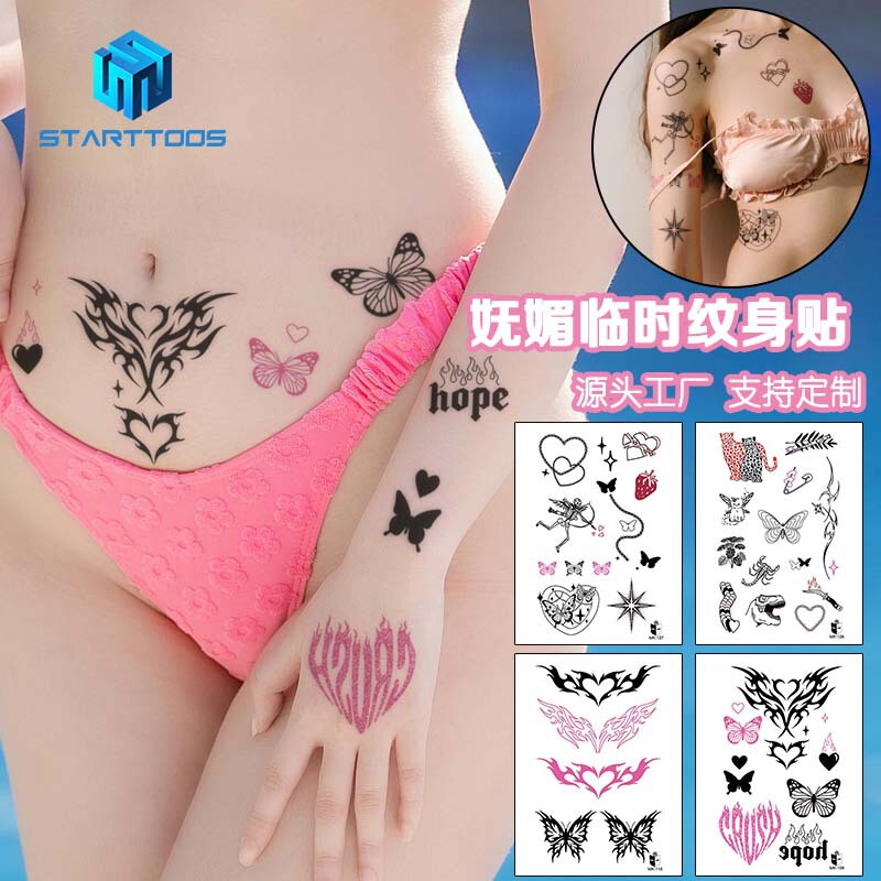 New Trendy and Charming Y2K Style Tattoo Stickers with Butterflies, Hearts, Stars, Fashionable and Unique, Temporary, Waterproof, and Light Luxury