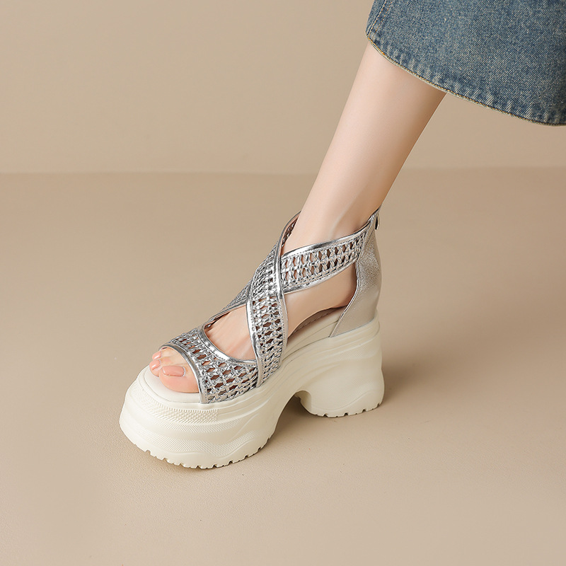Sandal cao gót La Mã dệt quai ngang đế nêm hở mũi gót 12 cm — Màu vàng trắng, Màu đen, Màu trắng bạc
