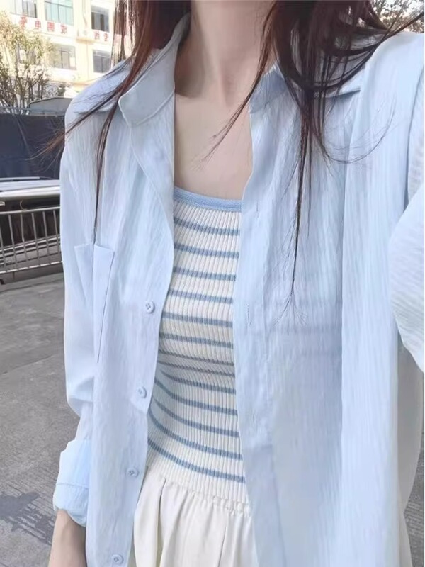 蓝色亚麻防晒衬衫女2025新款夏季轻薄小个子开衫长袖袖套外套上衣|undefined