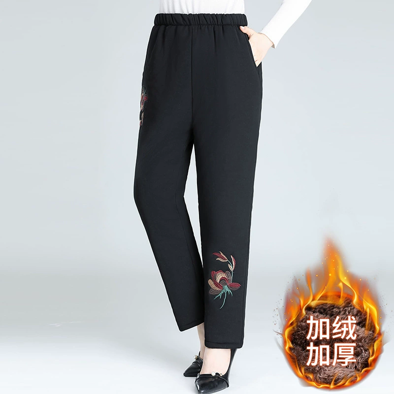 Средний и пожилой бархат толстые кашемировые брюки бабушки теплые вышитые хлопчатобумажные брюки мама зимние трехслойные хлопчатобумажные брюки