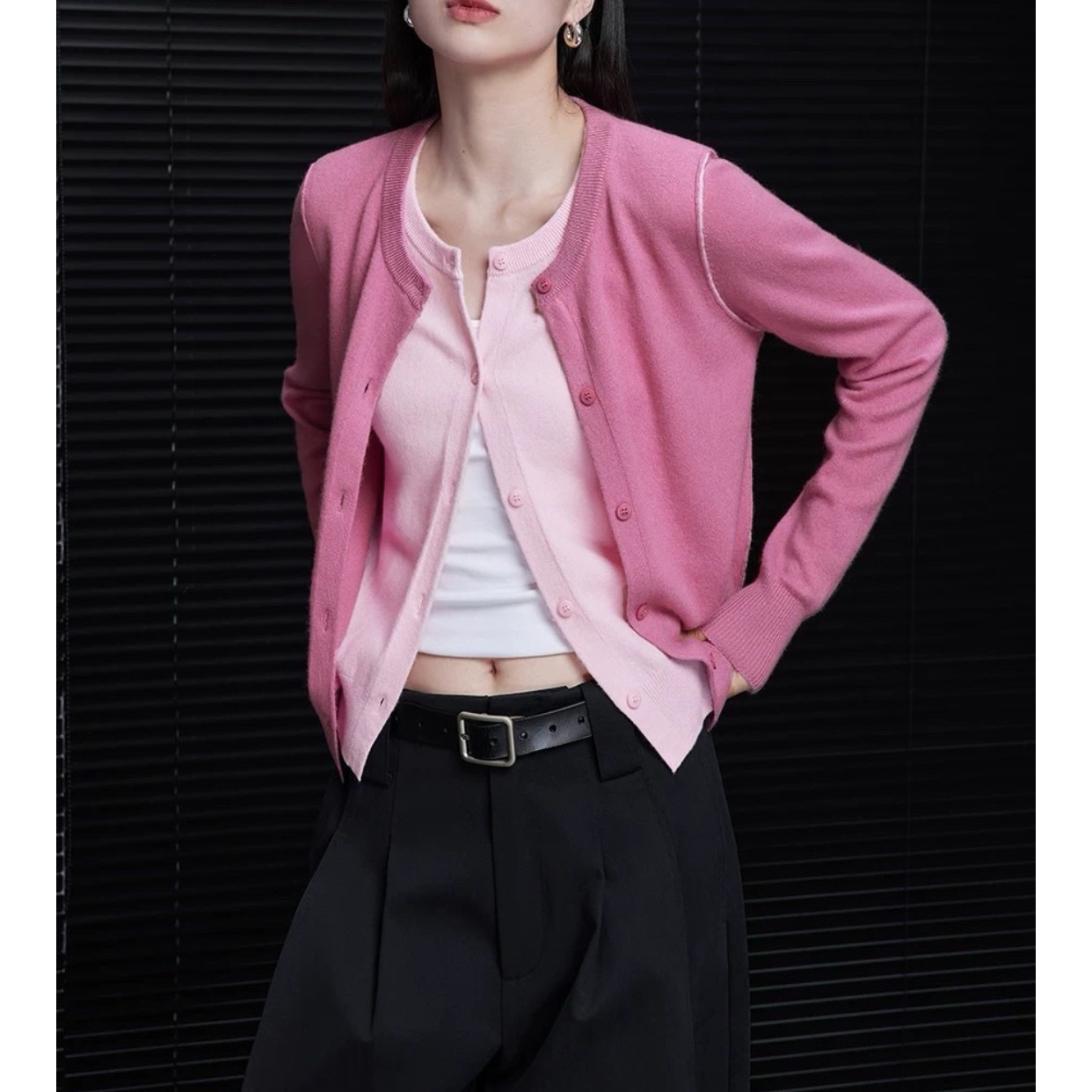 Moment Pink 100% Wool Faux Two-Piece Cardigan Sweater for Women, 2024 Autumn/Winter New Style, Lazy and High-End