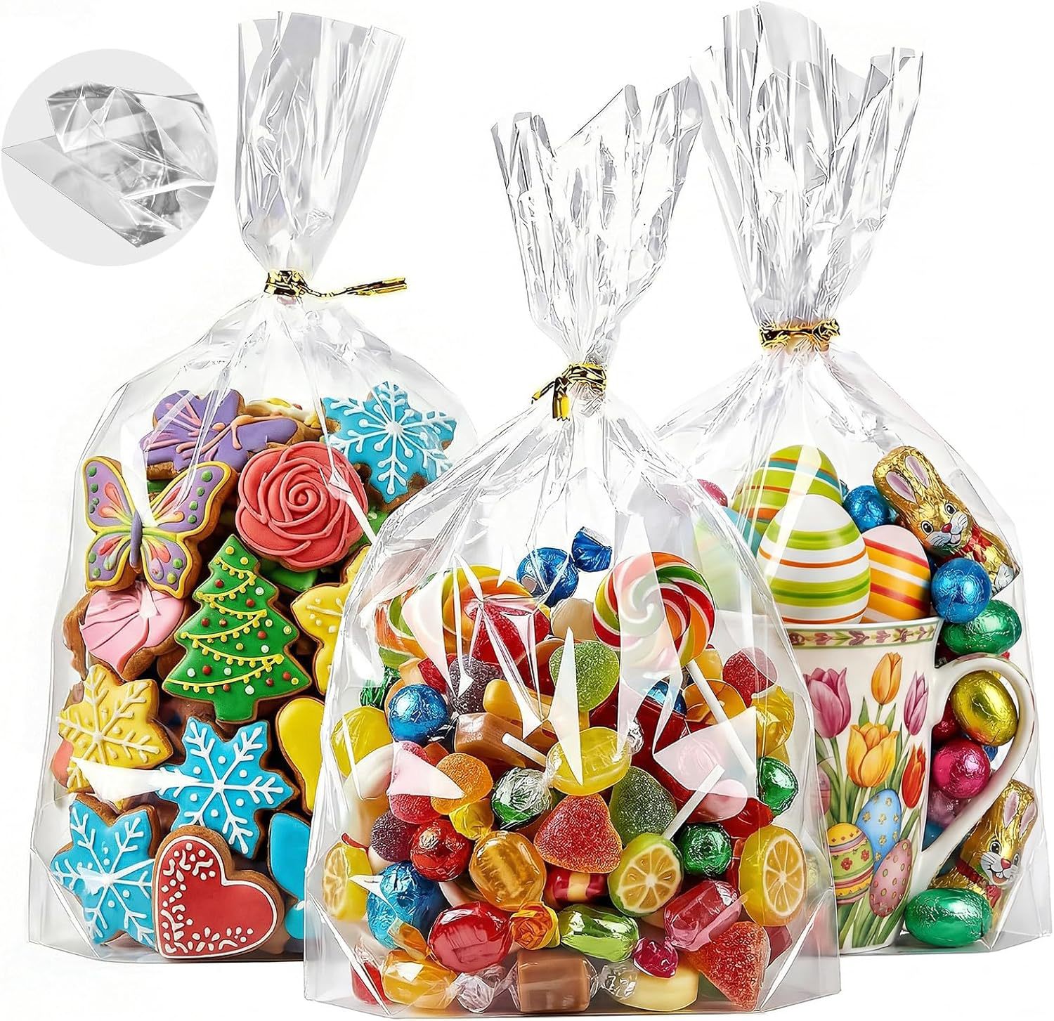 Lotes transparentes de bolsas de vidrio cóncavas insertadas en bolsas de plástico de bolsillo plano de pan dulces palomitas de maíz