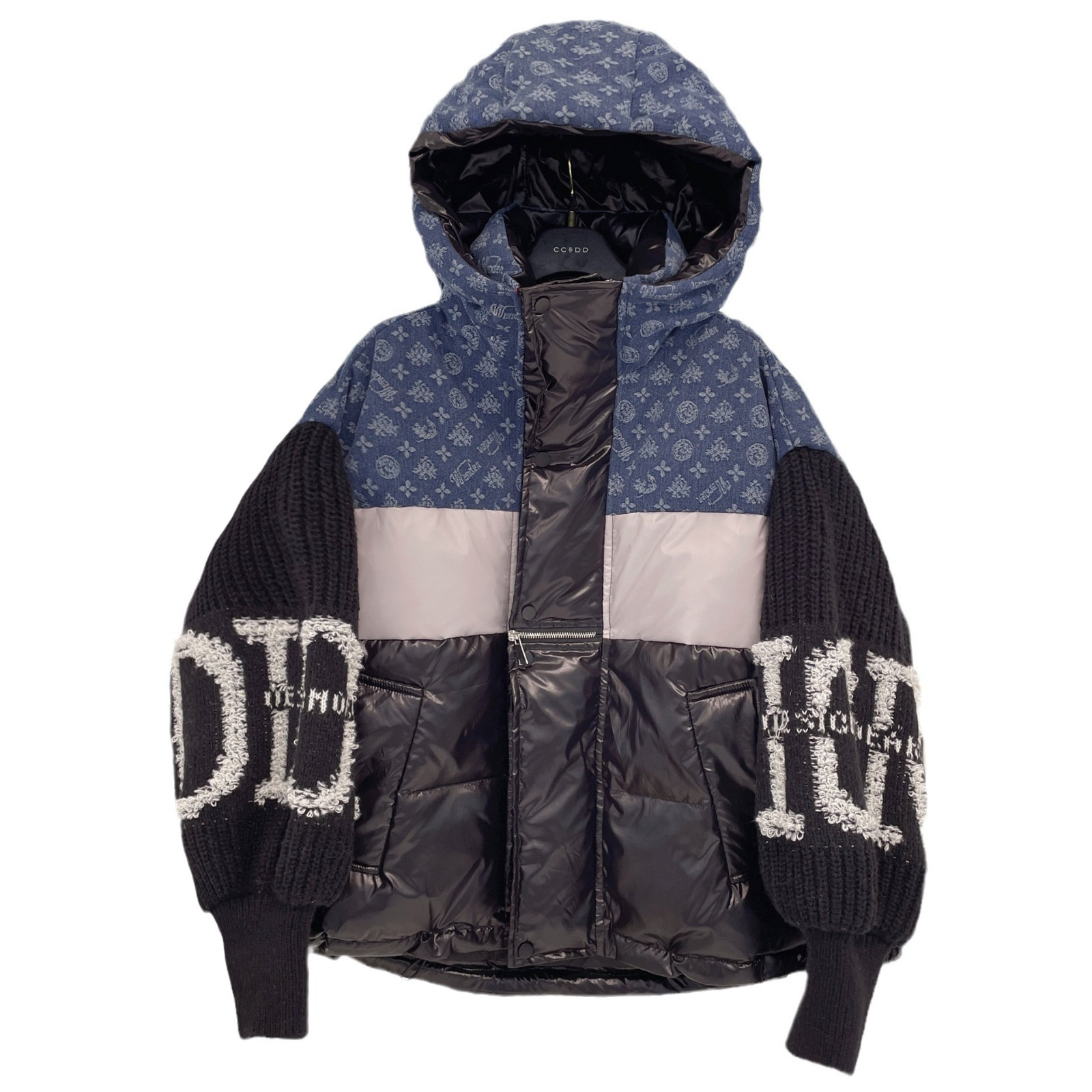 Odzież damska nowa marka modowa denim splicing kaptur zimowe płaszcze kurtki damskie dzianinowe rękawy litera kwiat grube zimowe płaszcze kurtki_voghion.com