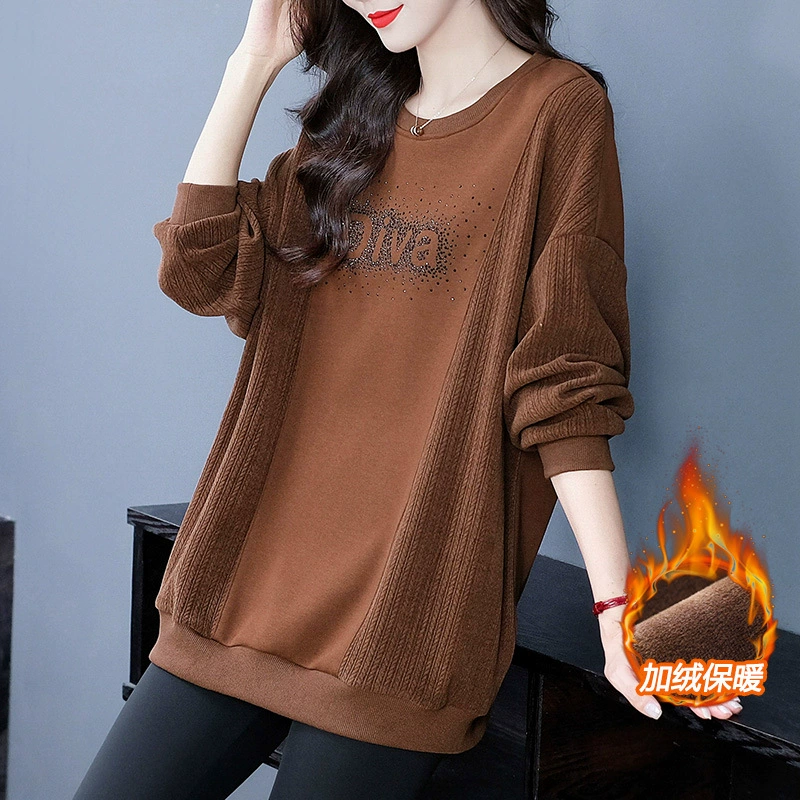 Утолщенный свитер с круглым вырезом в западном стиле на флисовой подкладке с круглым вырезом для полных девушек среднего и пожилого возраста, подходящее ко всему верхнее пальто для похудения