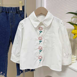 2024新款女童长袖秋装儿童装宝宝小女孩娃娃领绣花衬衫23022