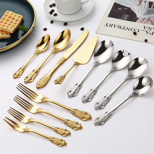 Cross-border 304 stainless steel knife, fork and spoon, thickened high-end steak knife and fork, retro light luxury gold palace embossed tableware
