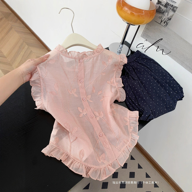 Pink sweet sleeveless shirt with back button closure and embroidery for women, summer youthful style with ruffled edges, thin round-neck top