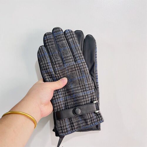 British classic check leather patchwork men's winter warm anti-cold lined thick cycling electric bike gloves