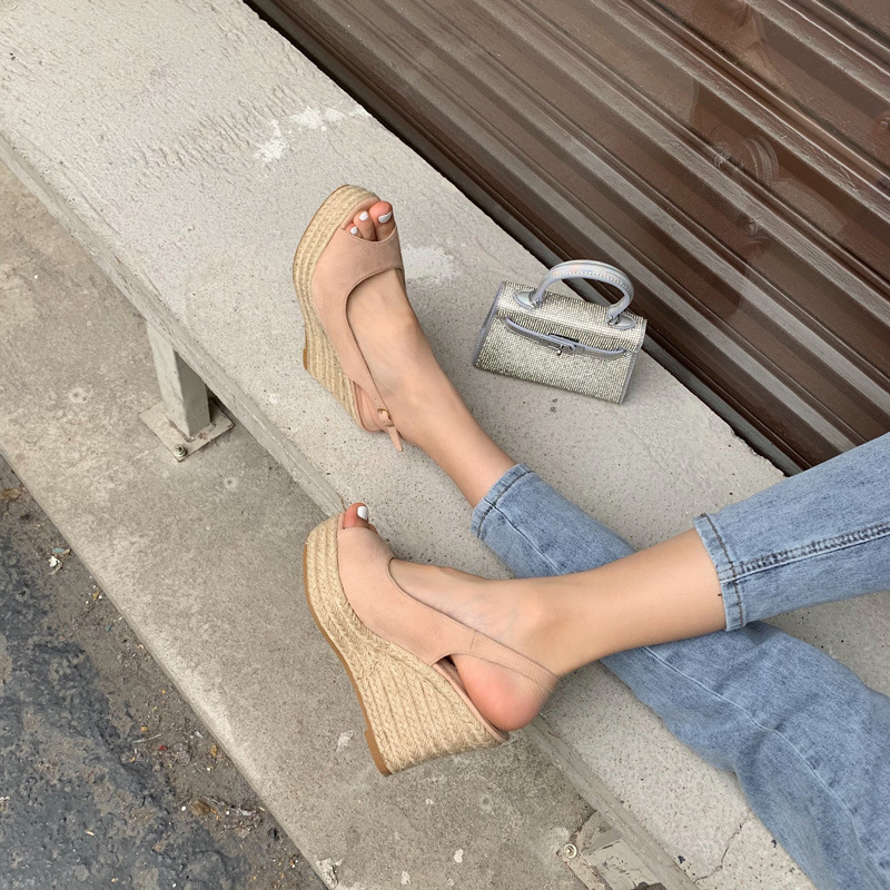 Women's Summer Wedge Sandals Straw Woven Platform Peep Toe_voghion.com