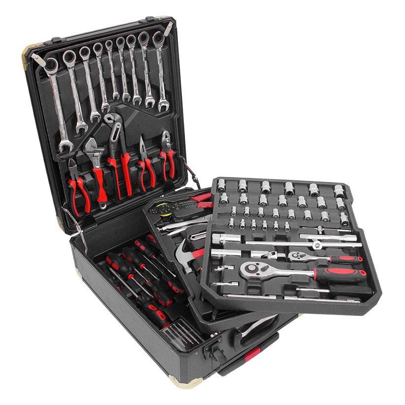 Juego de herramientas multifuncional de 186 piezas para reparación y mantenimiento automotriz doméstico con juego combinado de estuche con ruedas y llaves de tubo.