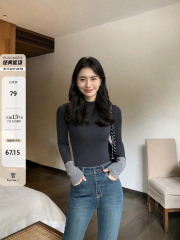 pusumede 撞色半高领针织衫上衣女秋冬修身显瘦设计感内搭打底衫