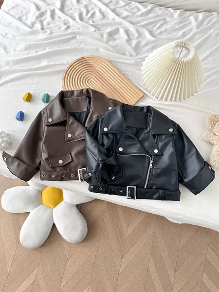 Girls' Korean-Style Leather Jacket, New Spring and Autumn Motorcycle Short Jacket, Fashionable Children's Leather Coat, Baby Jacket 2601