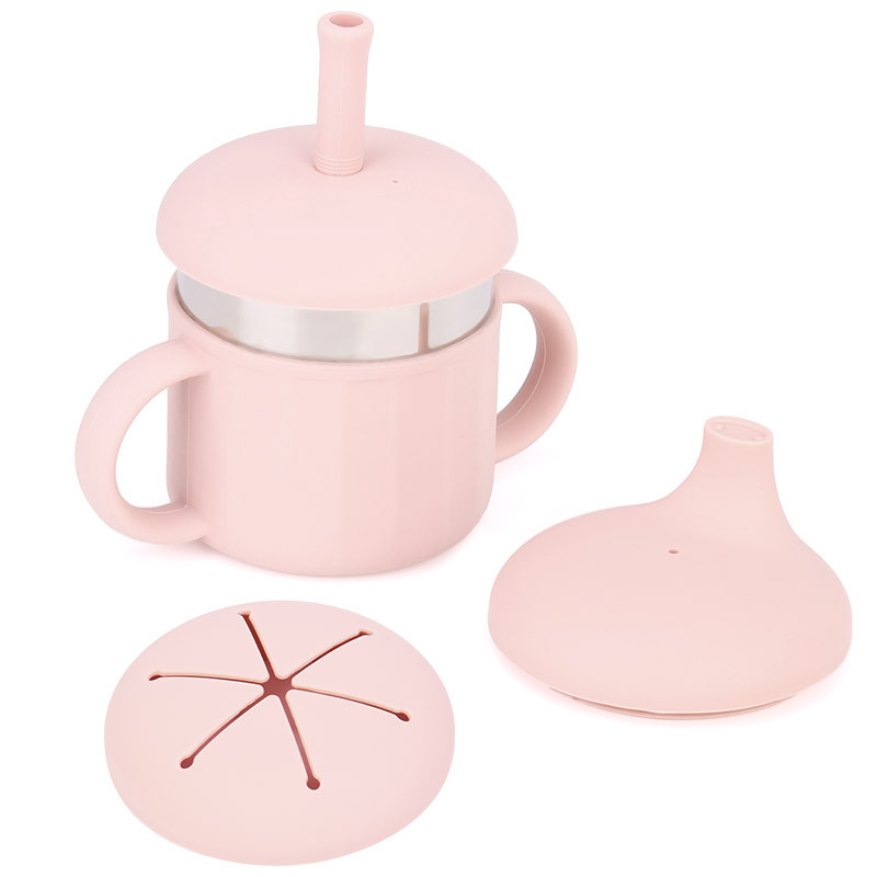 Snackbecher aus Silikon mit Griff und doppelten Ohröffnungen für Babys und Kleinkinder, hochwertige, kreative Lerntasse mit Strohhalm zum direkten Trinken_voghion.com
