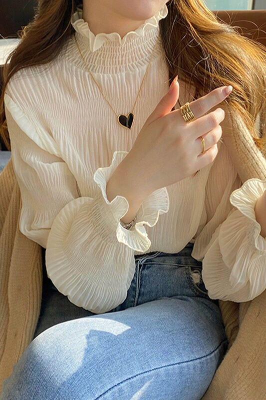 Stand Collar Apricot Lace Bottoming Shirt for Women Spring & Fall 2025 New Velvet Inner Chiffon Shirt Edge Gauze Top