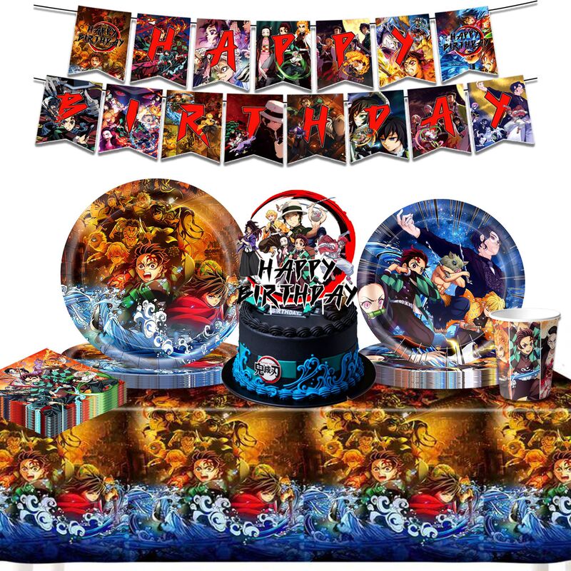Amazon's New Demon Slayer Theme Birthday Party Decoration Party Paper Plate Banner Knife, Fork and Spoon Arrangement Atmosphere