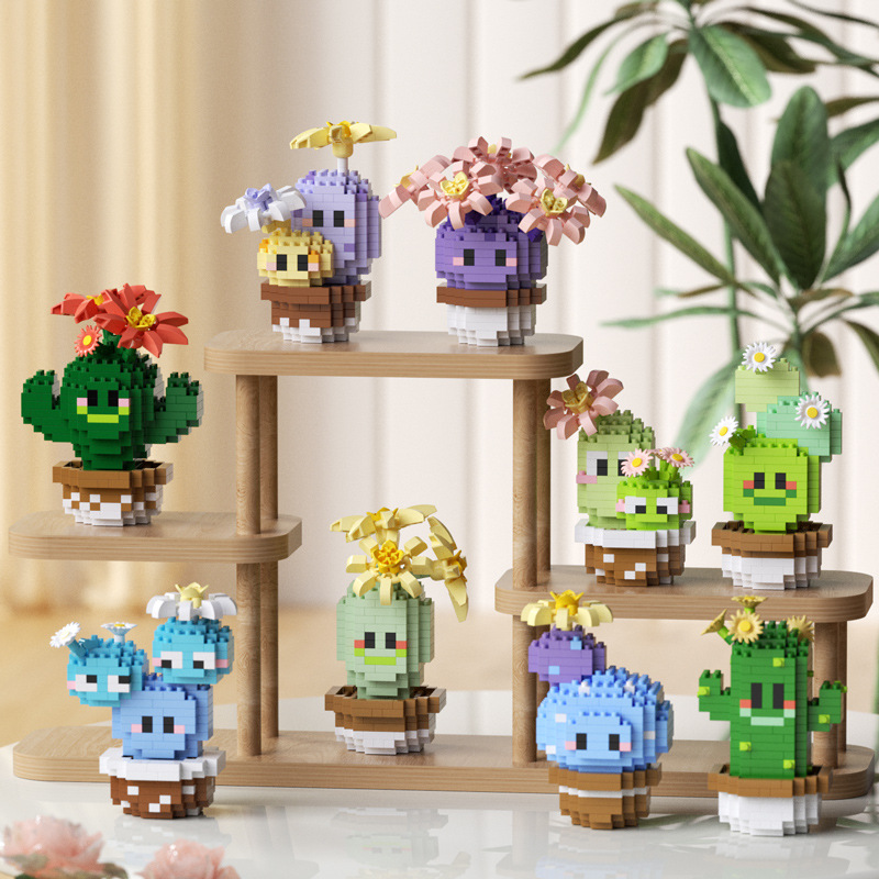 Compatible con la red alta cactus plantas suculentas escritorio decoración creativa para niños niñas ensamblaje juguetes bloques de construcción