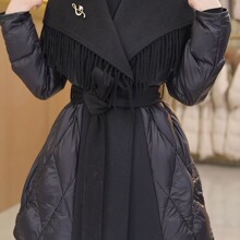 设计感毛呢拼接羽绒服女2025年新款冬季大翻领流苏外套保暖鸭绒服