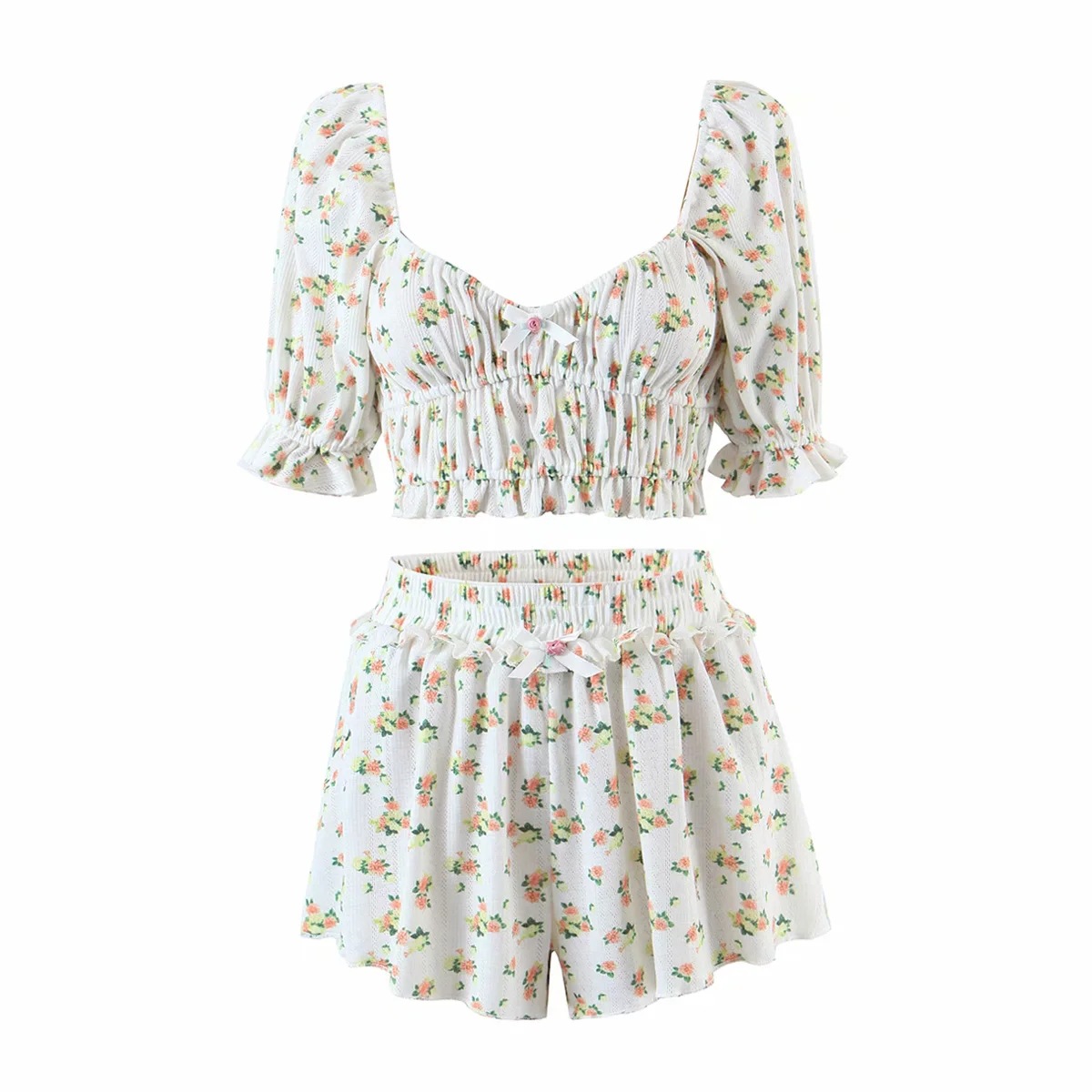 Floral Short Sleeve ShirtHigh Waist Shorts Set NSAC42592