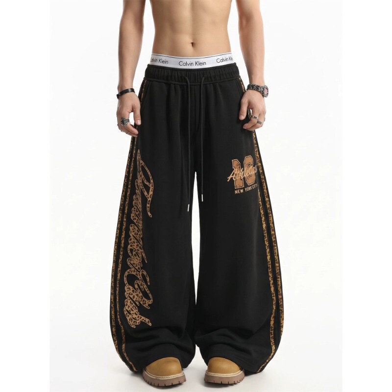 American retro leopard print patchwork gothic letter curved hem sweatpants, unisex, loose fit, wide-leg, versatile, and with a flowing drape